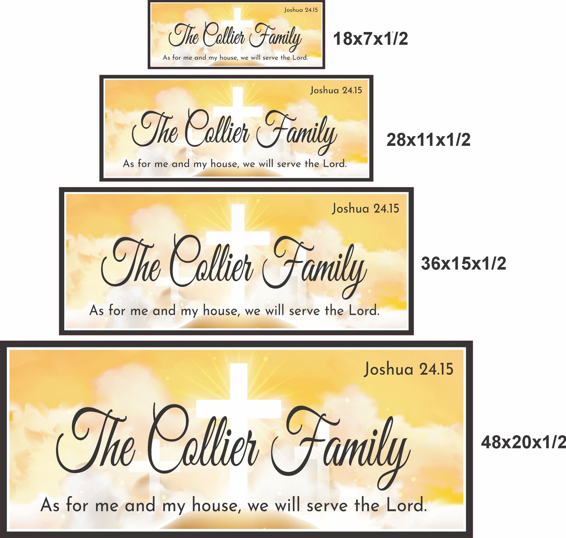 Joshua 24:15 wall sign with 4 available sizes shown for scale