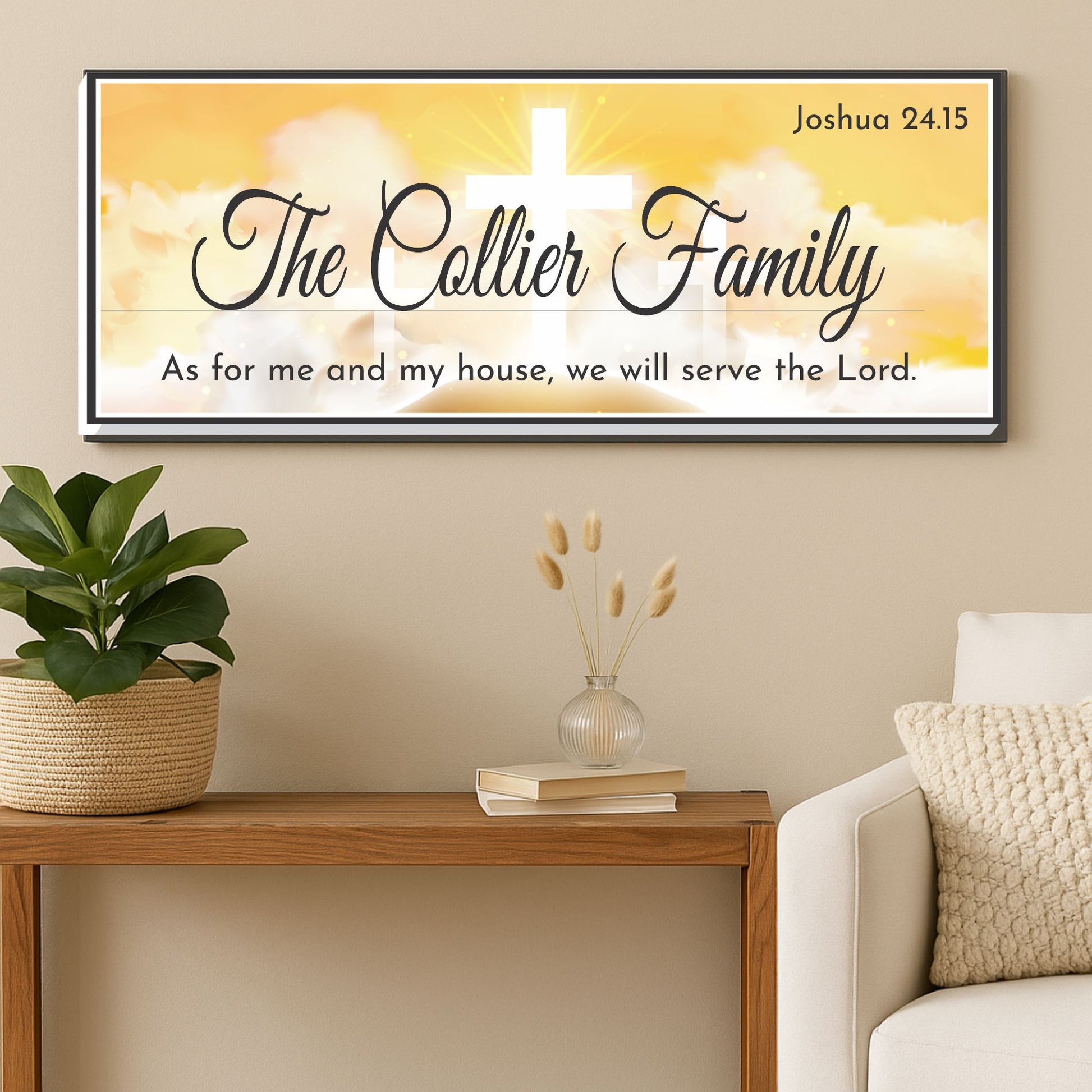personalized christian family sign with glowing cross displayed above wooden console in neutral living room