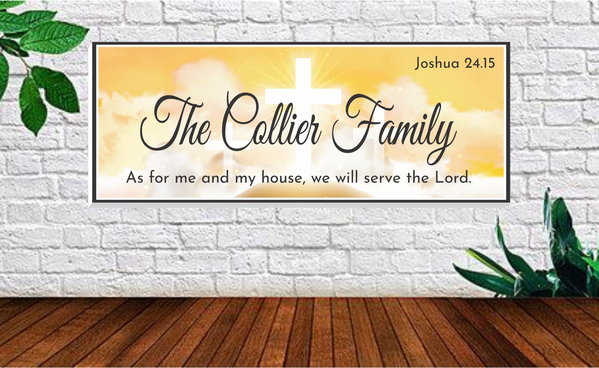 Christian home decor sign displayed in a living room with warm light