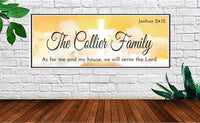 Christian home decor sign displayed in a living room with warm light