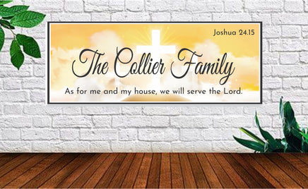 Christian home decor sign displayed in a living room with warm light