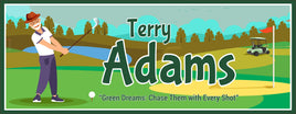 Personalized sign featuring a cartoon-style golfer taking a shot on a green, customizable with names or messages. The golfer is depicted in a dynamic pose, adding a playful and personalized touch to golf decor