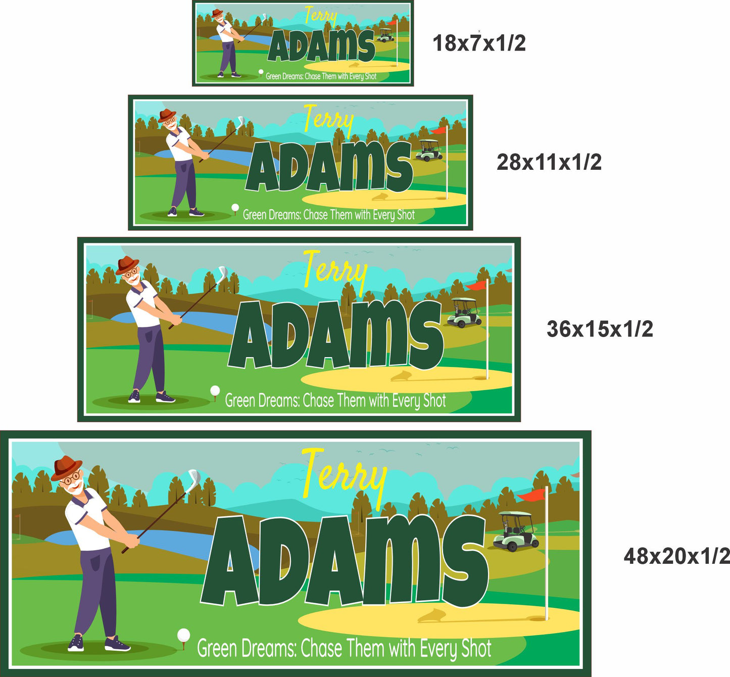 Personalized golf wall art shown in all four available sizes