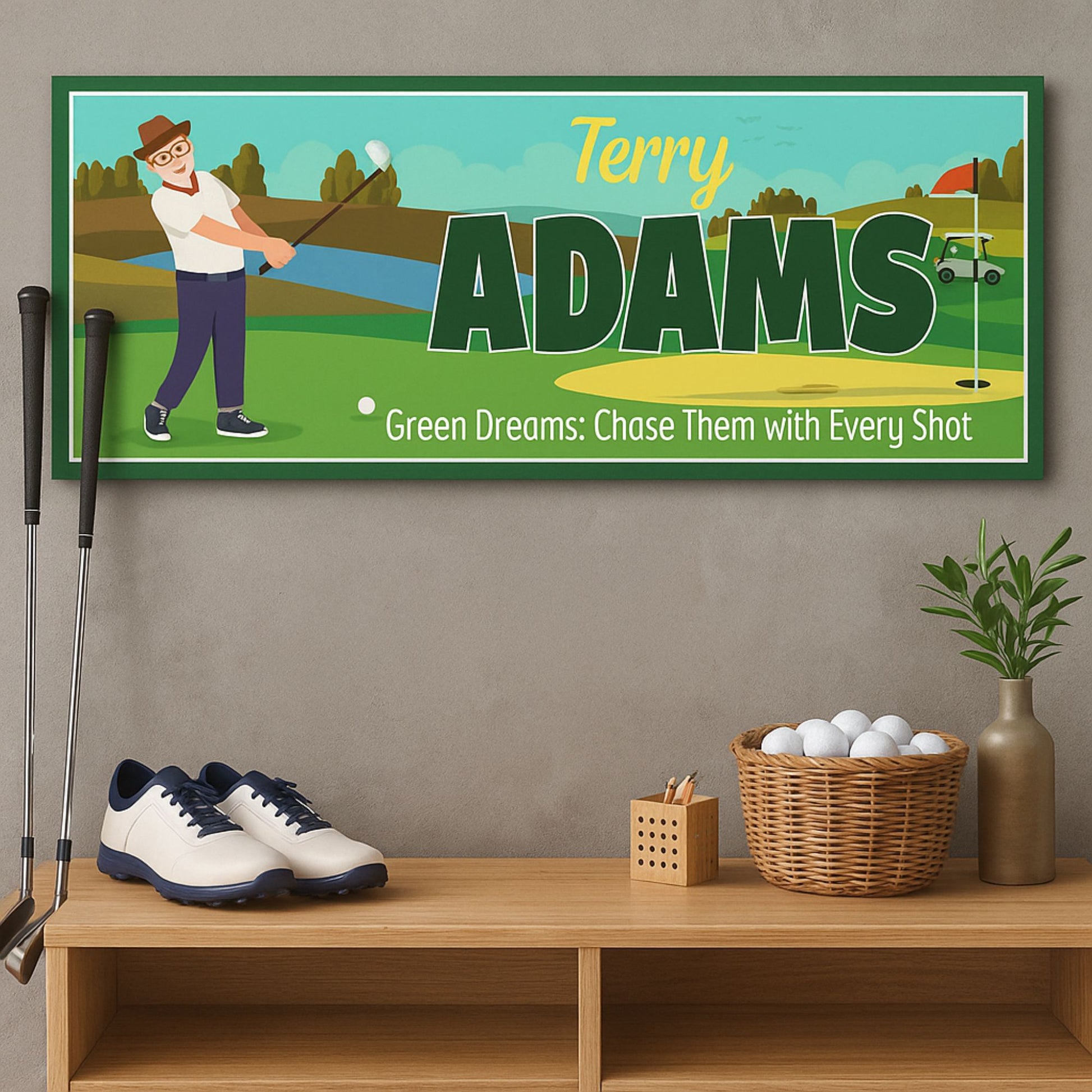 personalized golf sign on wall above shelf with golf clubs shoes and basket of golf balls