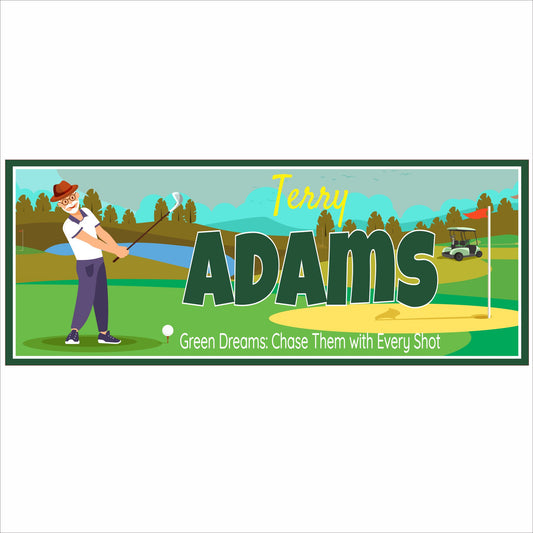Personalized golf sign with male golfer, golf cart, and custom name