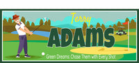 Personalized golf sign with male golfer, golf cart, and custom name