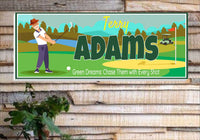 Custom golf sign displayed on patio wall near outdoor seating