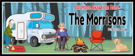Personalized "Our Home Away from Home" RV sign featuring a man sweeping and a woman sipping coffee, with editable hair colors and customizable text, set against an RV backdrop.