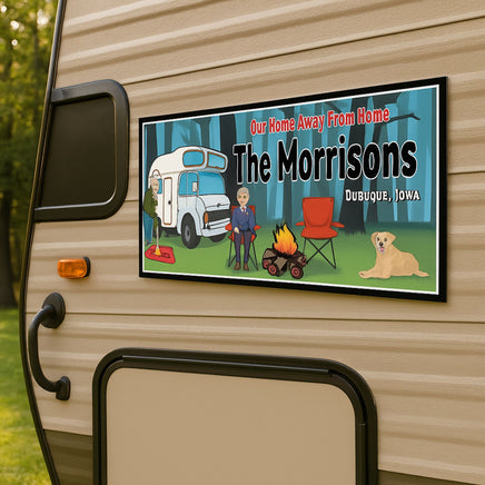personalized campsite sign on rv camper showing cartoon couple campfire forest and dog in outdoor camping scene