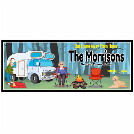 personalized RV campsite sign with cartoon couple, dog, campfire, and motorhome