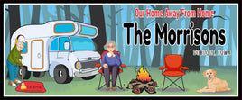 personalized RV campsite sign with cartoon couple, dog, campfire, and motorhome