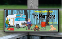 RV campsite decor sign shown near chairs, fire pit, and trees in an outdoor setting