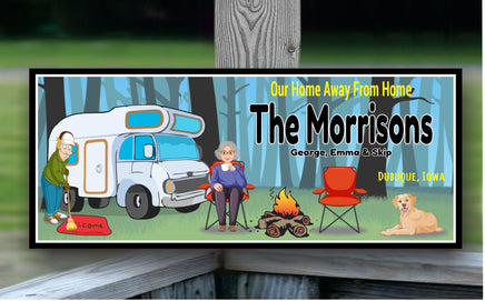 RV campsite decor sign shown near chairs, fire pit, and trees in an outdoor setting