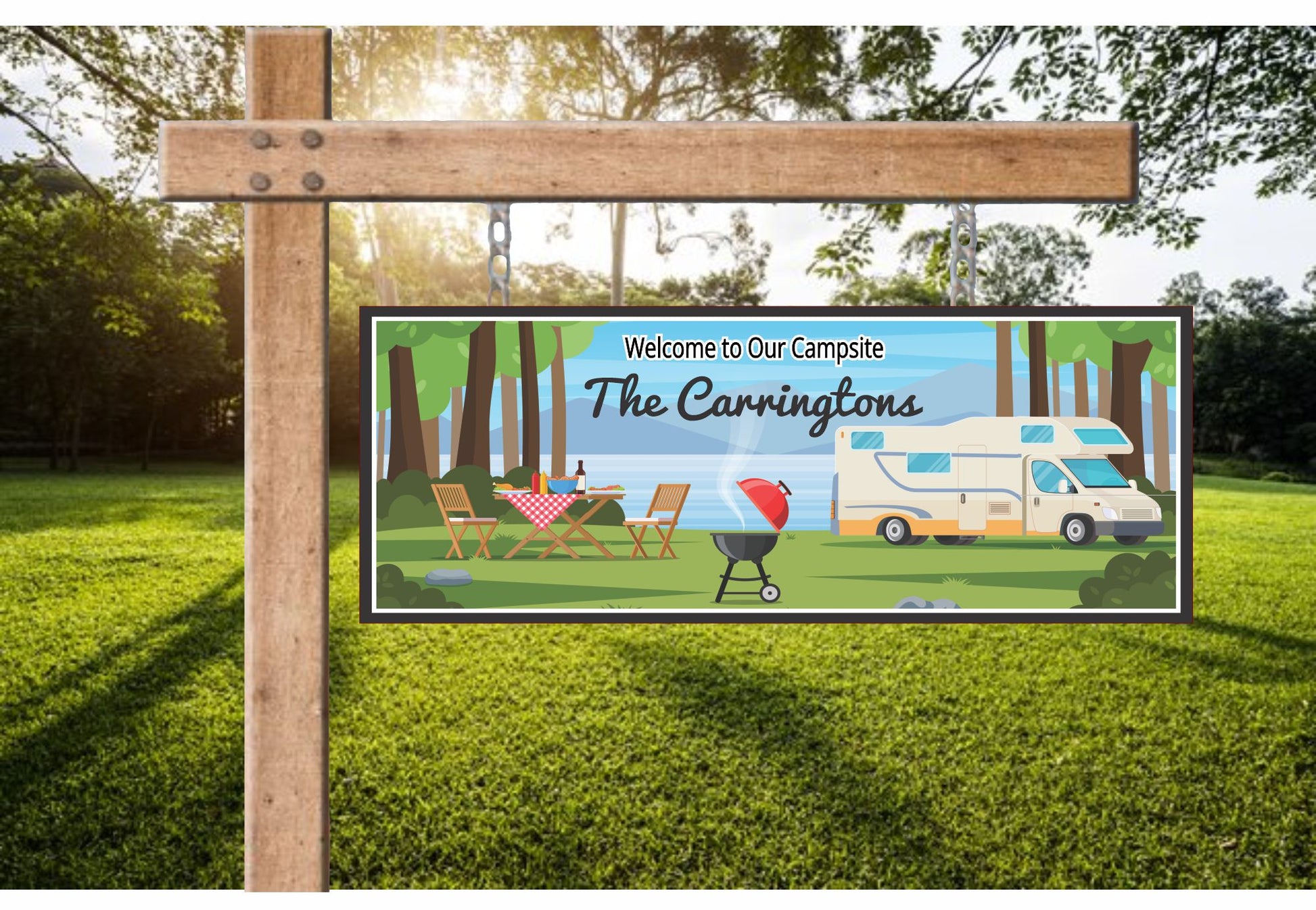  Custom RV sign displayed on outdoor patio near camper