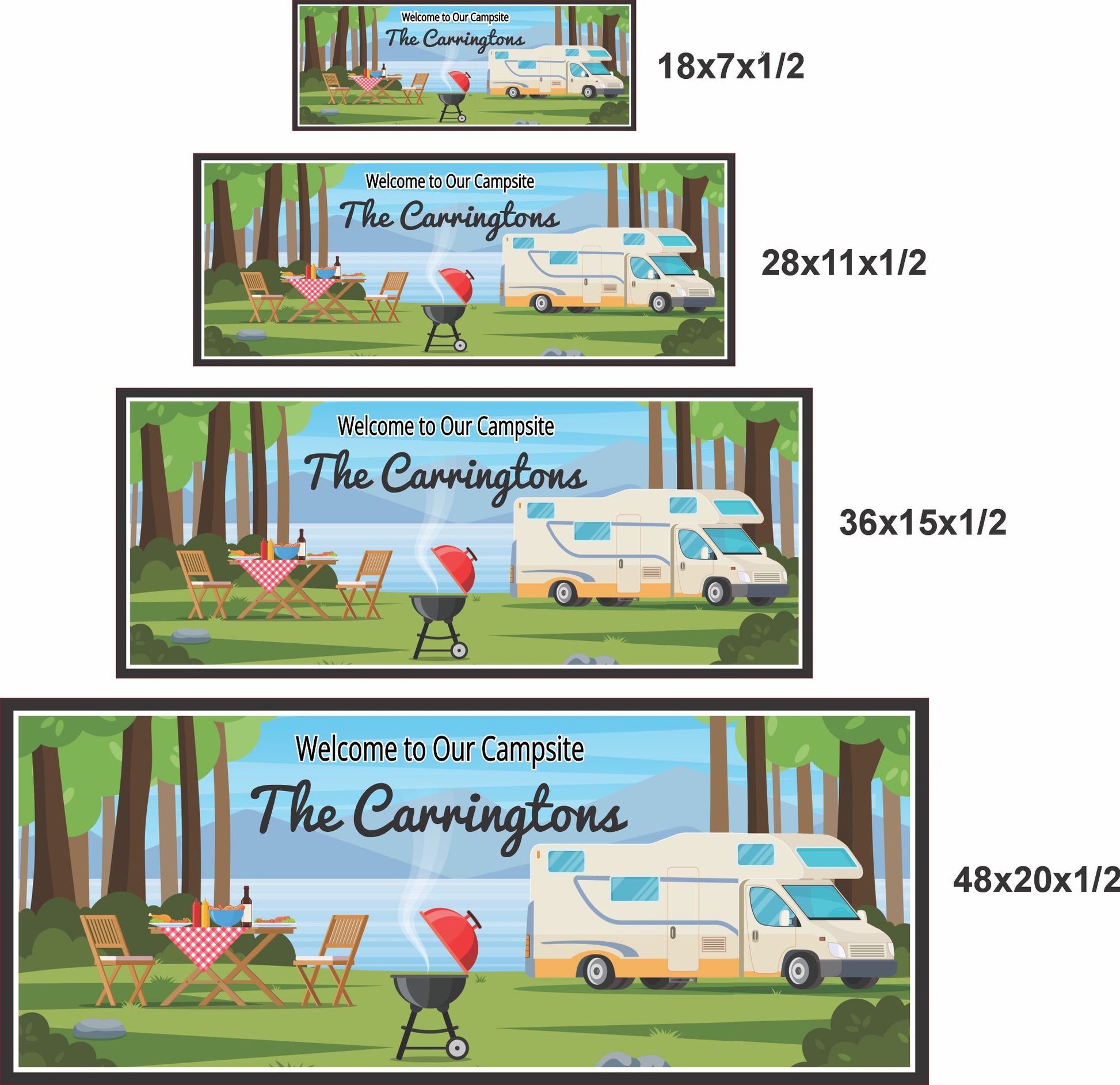 RV campsite sign in four size options shown in scale