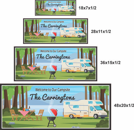 RV campsite sign in four size options shown in scale