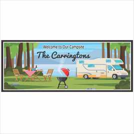 Personalized RV campsite sign with Class C motorhome and picnic scene