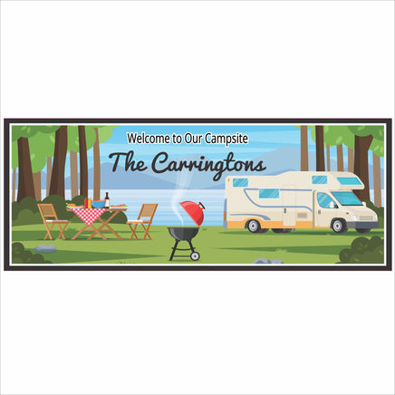 Personalized RV campsite sign with Class C motorhome and picnic scene