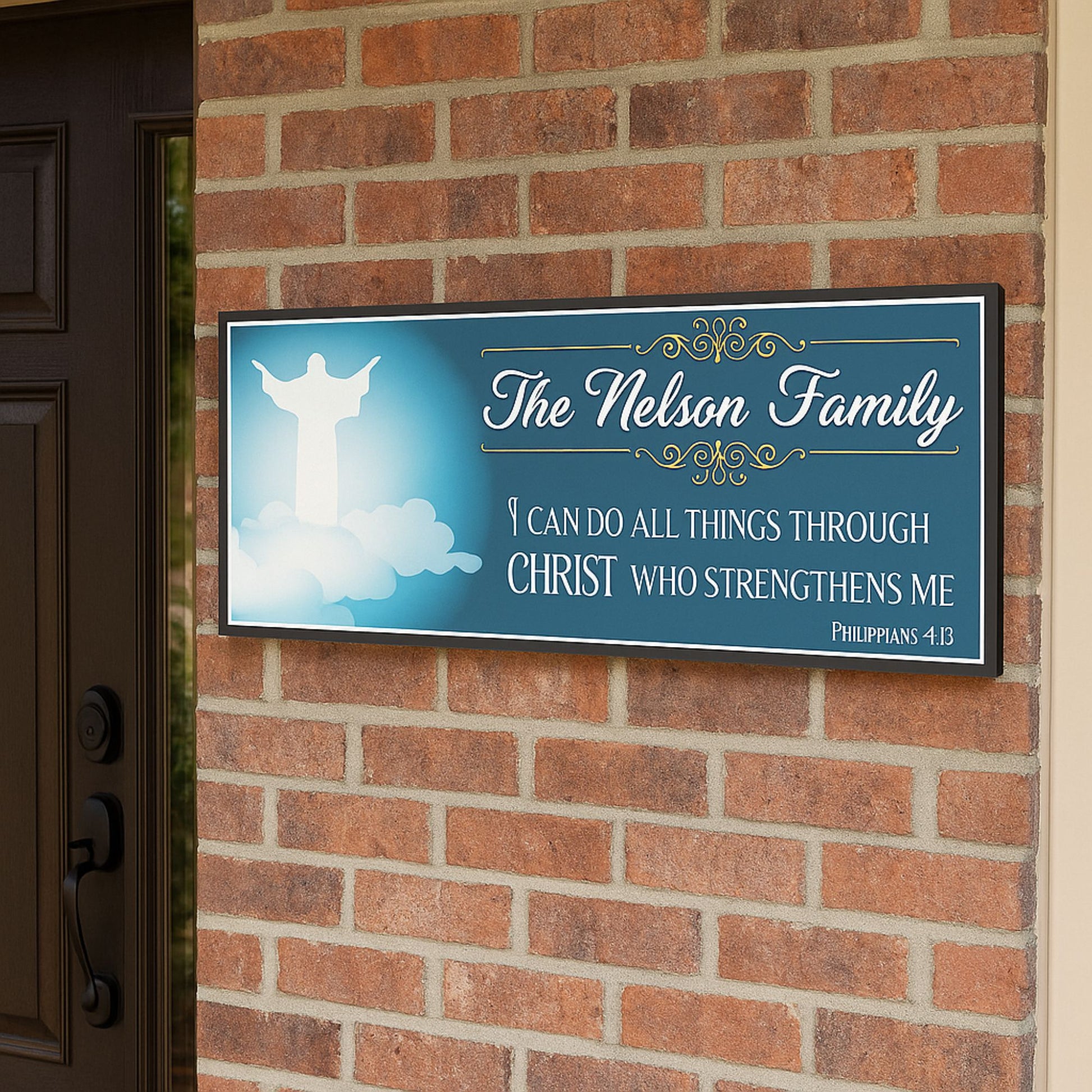 personalized christian family sign displayed on brick wall with christ silhouette and bible verse