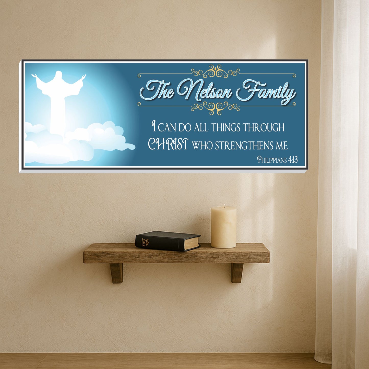 personalized christian family sign with christ silhouette and philippians 4 13 displayed above shelf with bible and candle