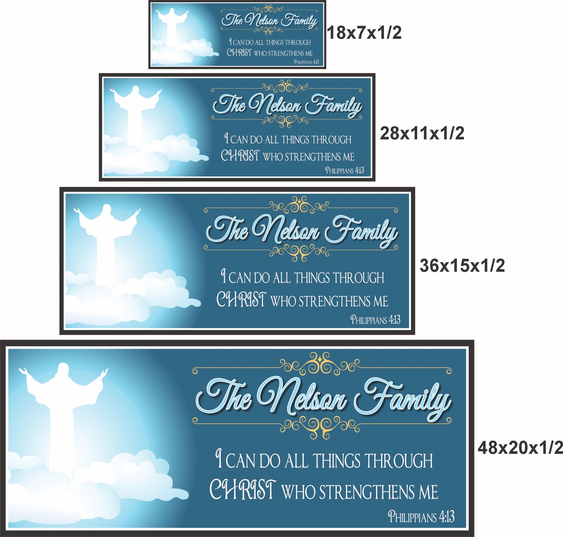 personalized christian family sign shown in four sizes 18x7 28x11 36x15 and 48x20