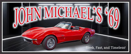personalized garage sign with red 1969 Stingray Corvette and stylized background