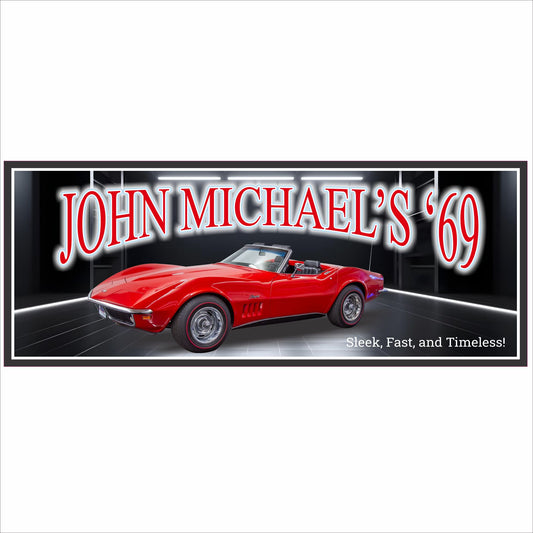 Personalized classic car garage sign with red vintage muscle car and customizable name text on black background