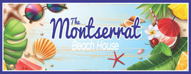 Personalized beach house sign featuring a weathered wood background, decorative seashells, and a tropical drink illustration, with customizable text options.