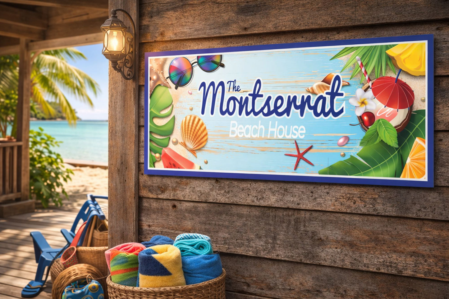 Personalized beach house sign mounted on a rustic wood wall near the ocean, surrounded by tropical decor, towels, and beach chairs