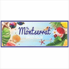 Personalized beach house sign featuring tropical sunglasses, shells, and drink