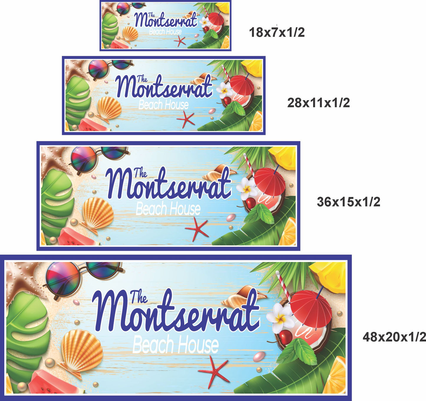 Coastal sign with tropical elements shown in all four size options