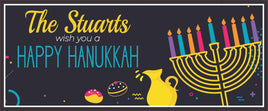 Personalized Happy Hanukkah sign featuring a menorah with colored candles, a milk pitcher, and donuts. All lines of text are editable for a custom holiday message.