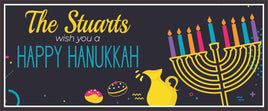 Personalized Happy Hanukkah sign with menorah and festive treats