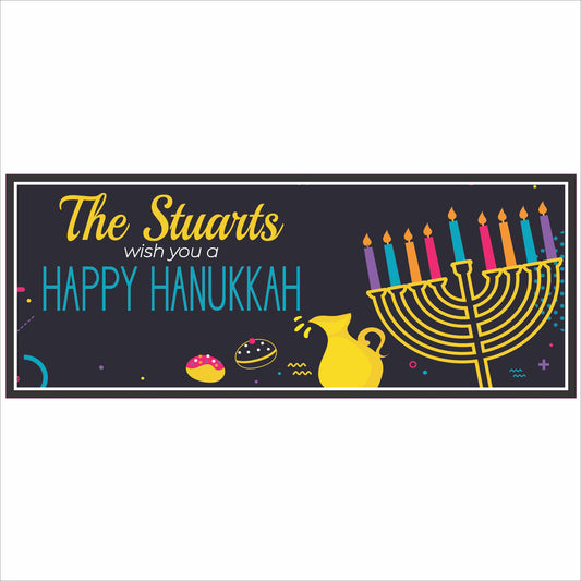 personalized hanukkah menorah sign with colorful candles printed on vinyl mounted pvc