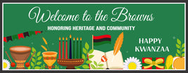 Personalized Kwanzaa welcome sign with kinara and holiday decorations