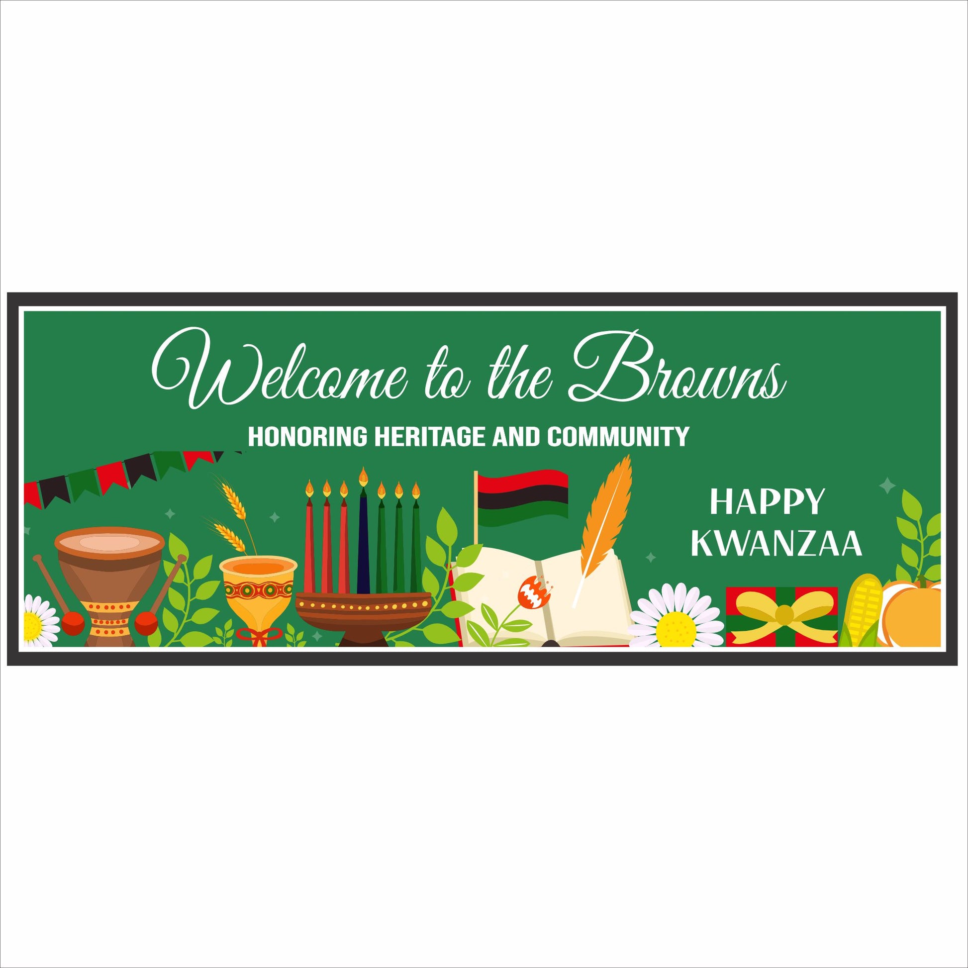 Personalized Kwanzaa welcome sign with kinara and holiday decorations
