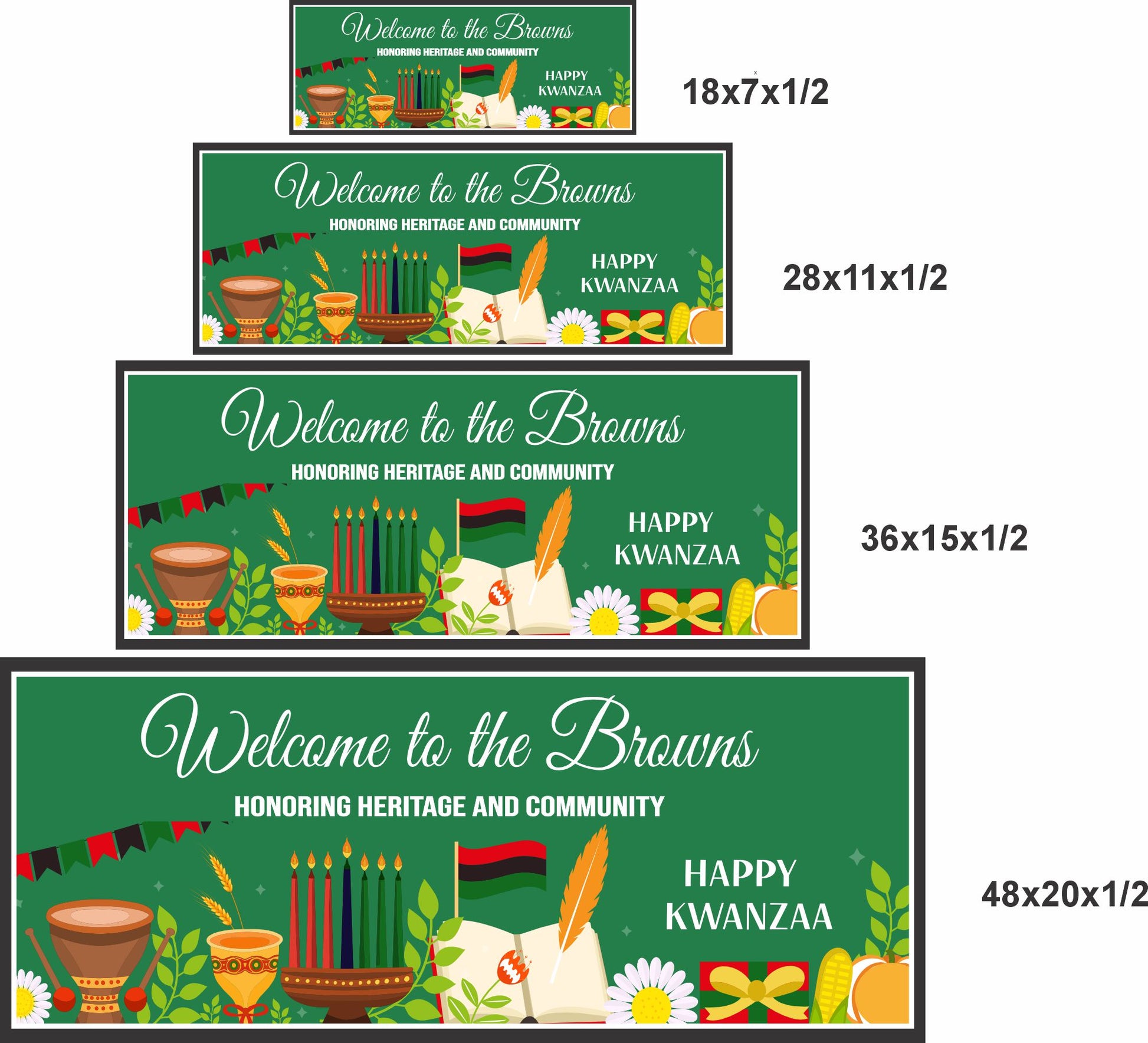 Custom Kwanzaa sign shown in all four available sizes