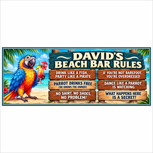 Personalized beach bar rules sign featuring a colorful parrot holding a cocktail, tropical ocean scenery, and six customizable rules on printed wood-style panels.