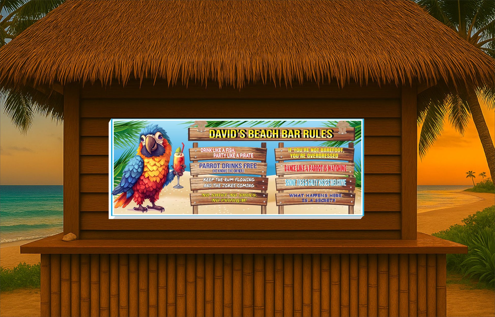 beach bar rules sign with parrot artwork mounted on a tiki hut wall at sunset with palm trees and ocean in the background