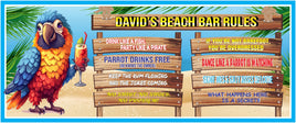 Funny beach bar sign with colorful parrot and editable tropical rules