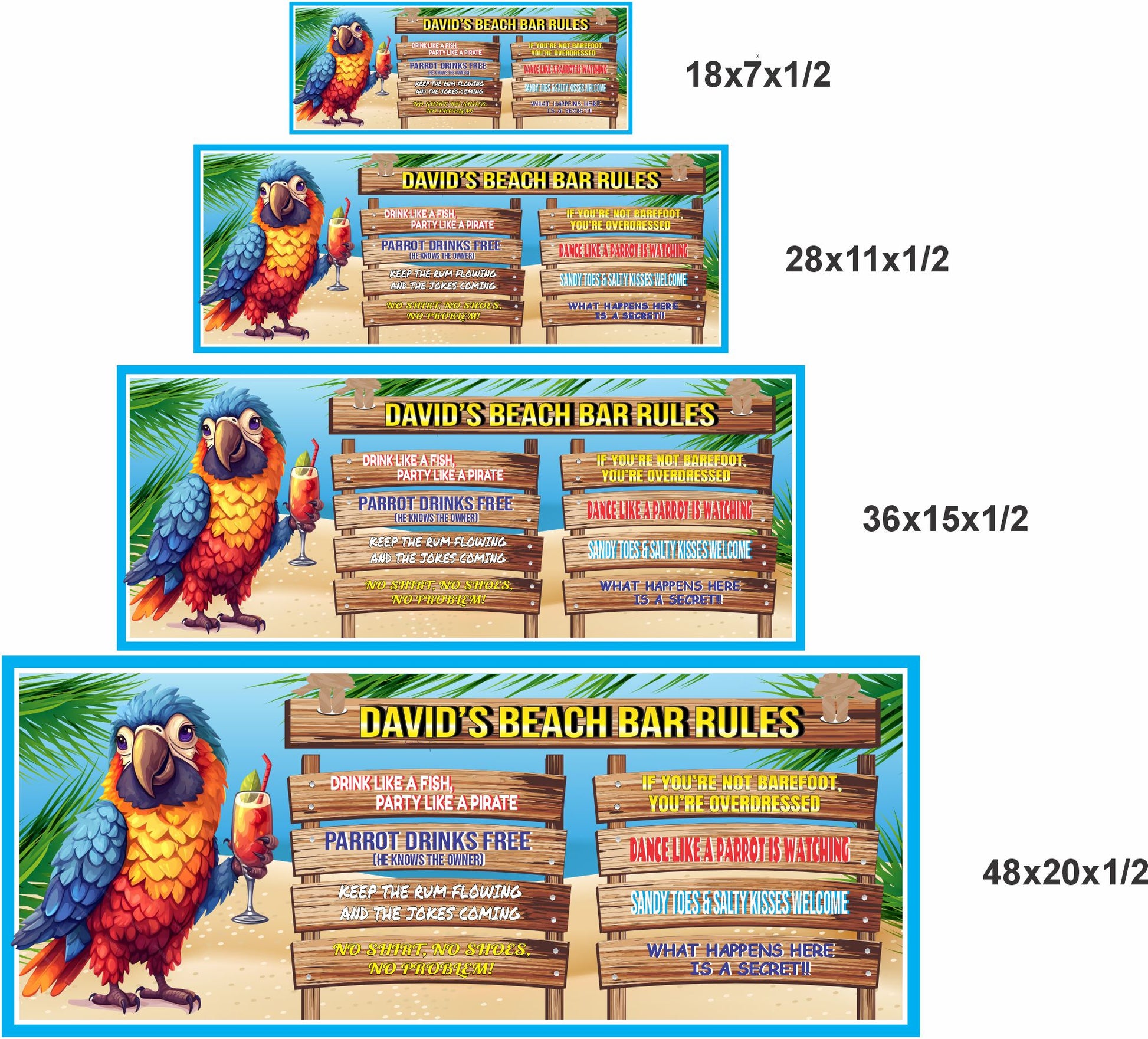 Custom beach sign with parrot shown in various available sizes