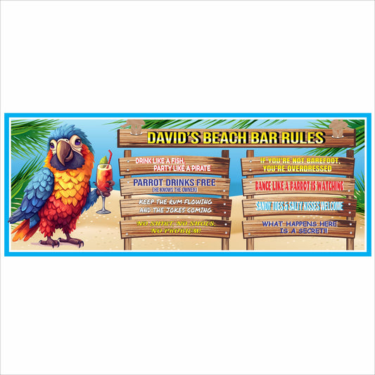 Custom Beach Bar Rules Sign - Personalized Parrot Tiki Bar Decor