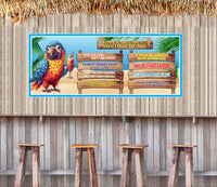 Personalized beach bar sign Tropical beach bar decor with parrot and humorous bar rules in outdoor setup

