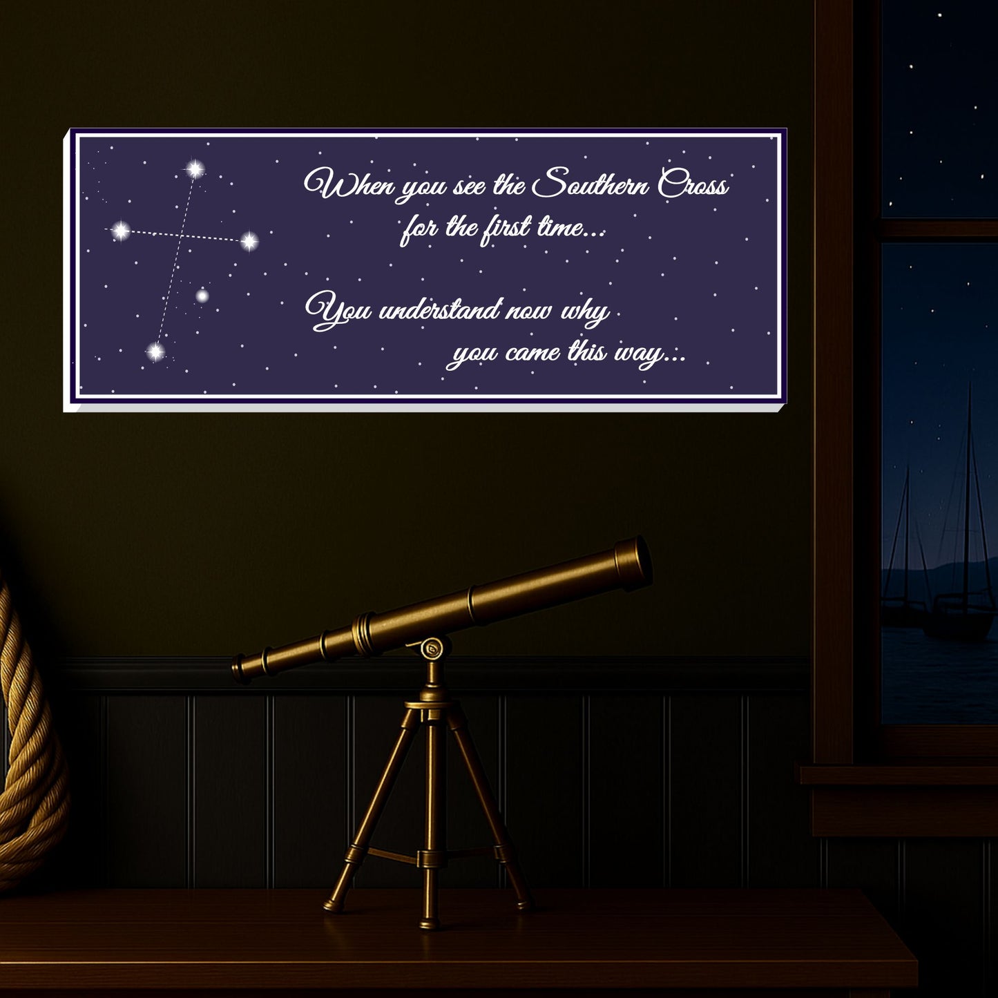 southern cross constellation sign displayed above a vintage brass telescope with a night sky and sailboats visible through the window