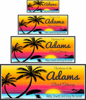 Personalized beach getaway sign shown in 4 size options against a neutral background
