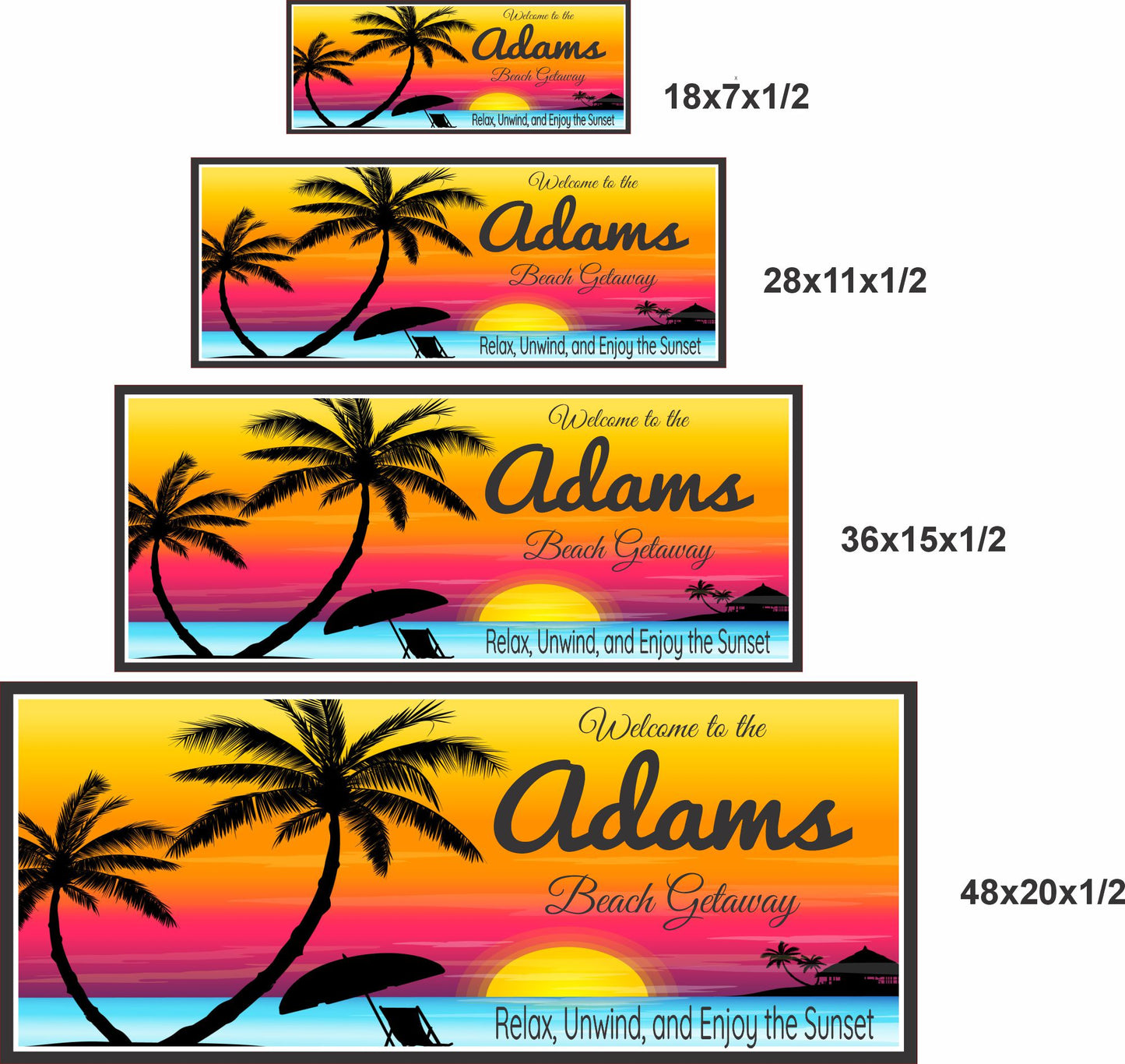 Personalized beach getaway sign shown in 4 size options against a neutral background