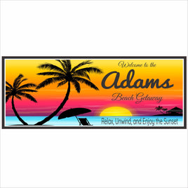 Personalized beach sunset sign with palm trees, ocean waves, lounge chair and umbrella, editable family name and text, printed vinyl mounted on rigid PVC, made in USA