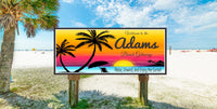 Personalized sunset sign displayed on a patio wall at golden hour