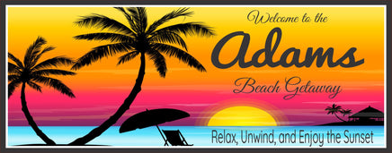 Tropical beach sunset sign with personalized text, palm trees, and ocean waves