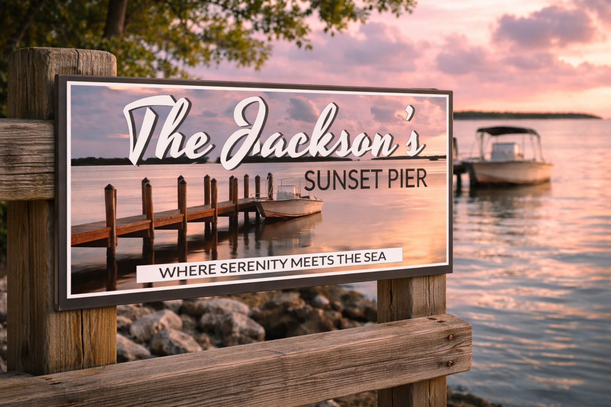 Personalized sunset pier sign displayed on a rustic wooden wall overlooking a peaceful lake